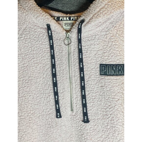 VS PINK Sherpa Pullover Small Relaxed Fit Hooded Half Zip Closure Kangaroo Pocke - Picture 3 of 9